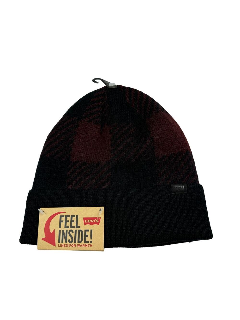 Levi's Mens Buffalo Check Cuff Logo Fleece-Lined Beanie Black Red OS